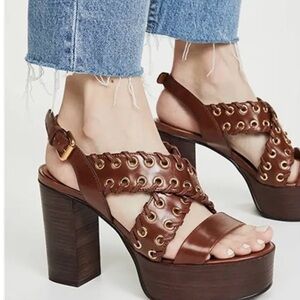 See by Chloe Helen Whipstitch Platform Slingback Sandal Brown and Gold Sz 39